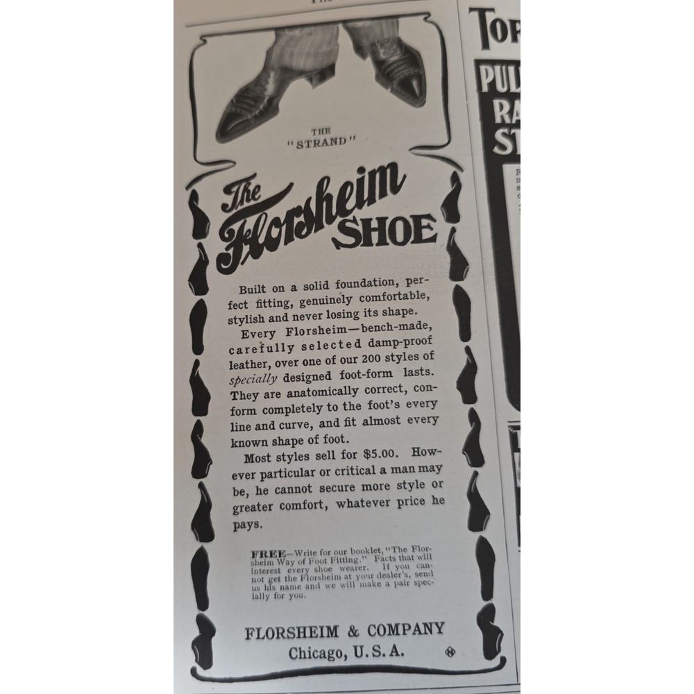 Vintage 1903 Florsheim Shoe Print Ad The Strand Men's Fashion Chicago Ephemera